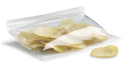 Sealed Transparent Packaging of Crispy Potato Chips with a Few Chips Exposed on White Background