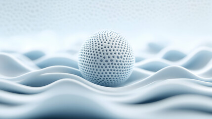 Perforated sphere rests atop rippled surfaces Smooth, ethereal, abstract design