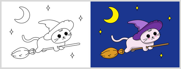 Kawaii Halloween cat coloring page and color illustration. Cartoon clipart Halloween cute kitten flying on a broom. Vector illustration