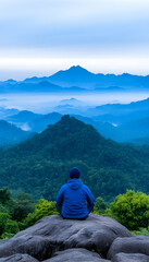 Fototapeta premium Person meditates atop a rock, overlooking a misty mountain range at dawn