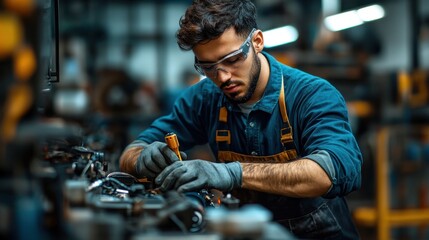 A mechanic repairing an engine in a garage, with tools, car parts, and automotive equipment in the background