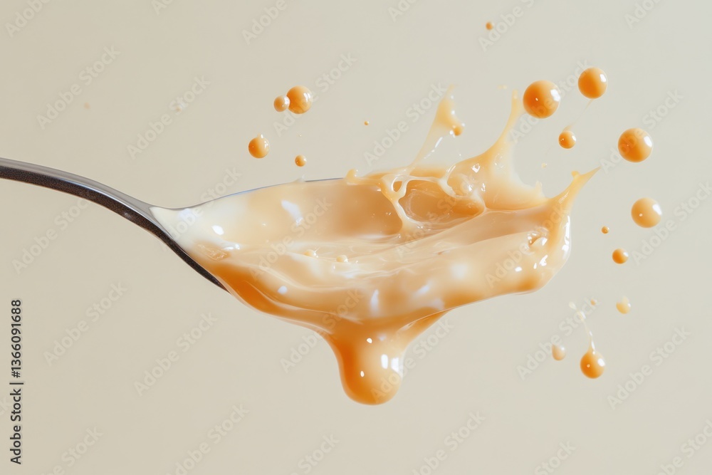 Poster creamy liquid splashing from a spoon, creating a dynamic and visually appealing scene.