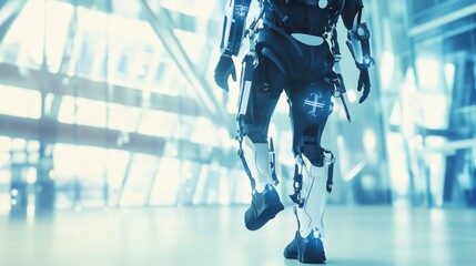 An AI powered exoskeleton assisting a paralyzed individual to walk, advanced rehabilitation center with real-time mobility data and muscle stimulation, Rehabilitation technology style