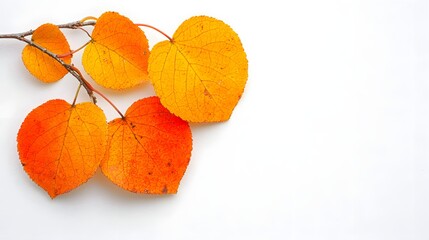 Vibrant Orange and Yellow Autumn Leaves on Branch Against Clean White Background