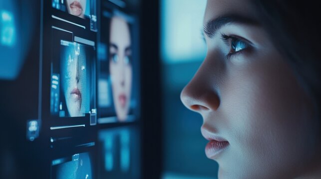 An AI powered facial expression recognition system analyzing emotions during virtual meetings for improved communication, Communication technology style, photo of - Powered by Adobe