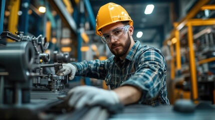 A factory worker operating a large machine on a production line, with metal parts, safety gear, and factory machinery in the background