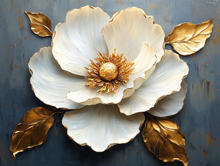 a floral art piece, featuring a white flower with golden leaves and center. The background is a textured dark grey with gold accents.