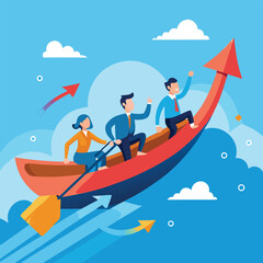 Leadership to lead team career path, business strategy development, effort or ambition to progress work success, motivation achievement, businessman rolling career path for team colleague to follow.