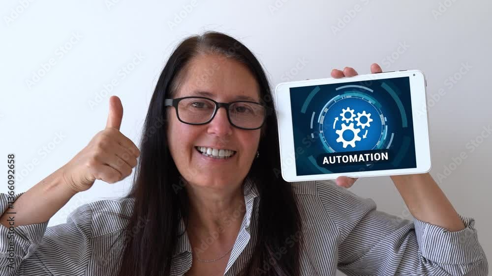 Poster automation process for your business. woman holding up tablet with robotic process automation rpa so