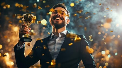 Triumphant Celebration: A successful businessman, holding a golden trophy in triumphant pose amidst confetti and dynamic lighting, representing the peak of achievement.
