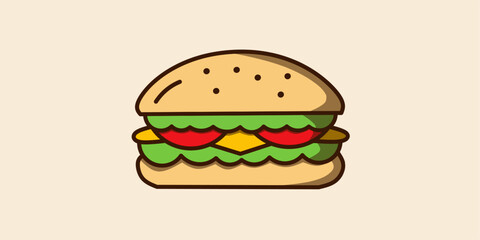 Delicious burger with a perfectly toasted bun, layers of cheese, fresh tomato slices, and crisp lettuce illustration. Ideal for fast food icon, restaurant menu, and culinary theme design.