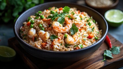 Brimming with shrimp, crab, and vegetables, a traditional Thai seafood fried rice is presented, topped with fresh cilantro and lime, inviting all senses to experience the dish.