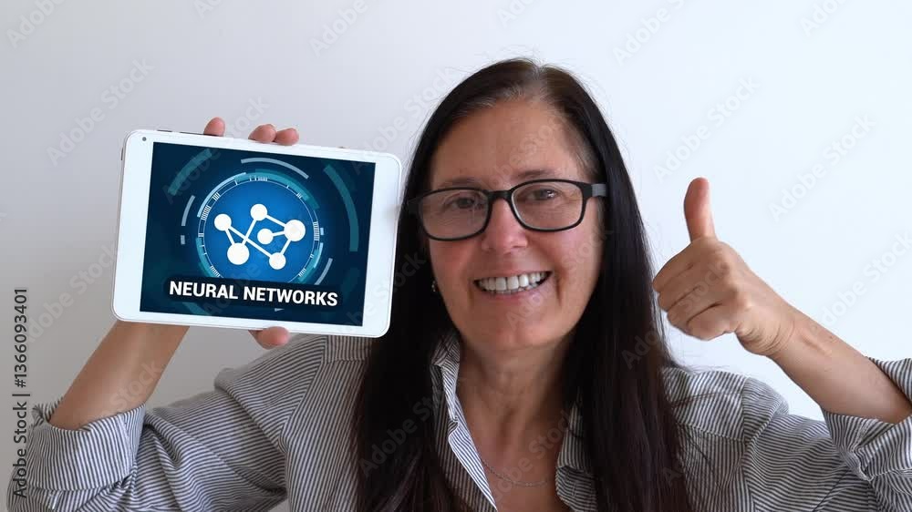 Poster positive neural networks development concept. woman holding up a tablet with neural network icon.