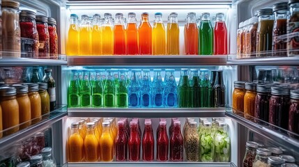 An array of juice bottles, condiments, and sauces fills refrigerator doors, reflecting a well-equipped kitchen.