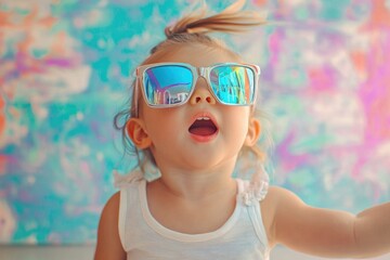 A cute toddler girl with blonde hair and big, iridescent sunglasses, looking up in amazement against a colorful background.
