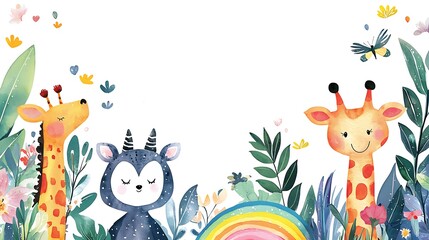 Naklejka premium design cute animal with water color style in white background isolated on white,remain space between border each corner 