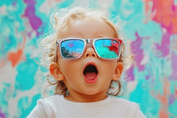 A toddler with blonde, curly hair, wearing mirrored sunglasses, has their mouth open in surprise against a colorful background.