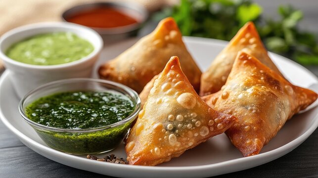 Artfully arranged samosas on a white plate showcase culinary delights, accompanied by vibrant green chutney, tangy tamarind sauce, and cumin seeds.
