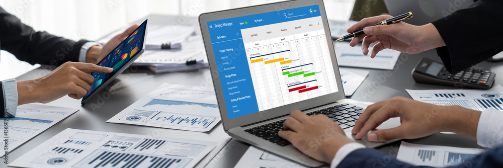 Poster project planning software for brisk business project management on the computer screen showing timel