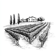 Simple line drawing of a vineyard featuring rows of grape vines.