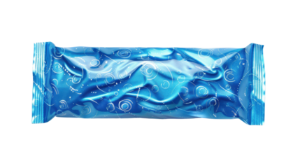 Blue glossy plastic vacuum sealed snack package with transparent background