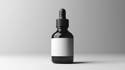 Amber glass dropper bottle, blank label, studio backdrop, product packaging mockup