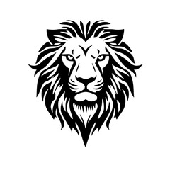 Obraz premium A detailed black and white illustration of a lion's head with a full mane, looking directly forward, isolated on a white background.