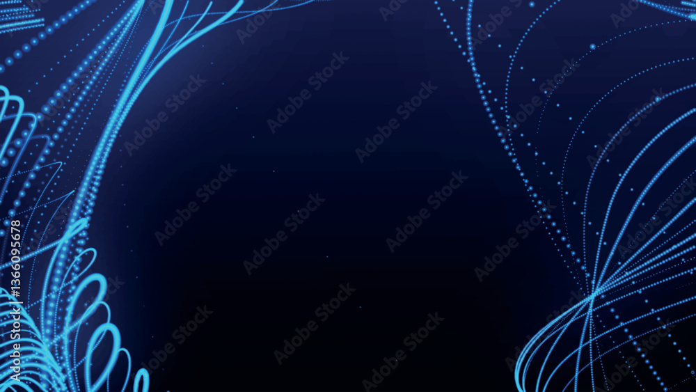 Poster dynamic wave of glowing particles. abstract dotted lines on dark background. chaotic colored lines. 