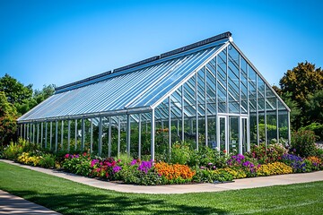 Obraz premium Greenhouse showcase with vibrant flowers lush greenery and glass panels under a clear blue sky