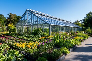 Fototapeta premium Greenhouse thriving with vibrant flowers and lush plants under a clear blue sky showcasing nature's bounty
