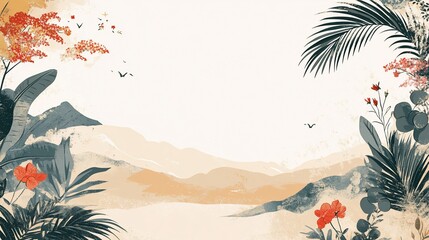 Serene Tropical Mountain Vista: Botanical Art Print