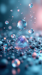 Magnesium Glycinate Supplement with Water Bubbles in Focus, Blue Aesthetic Background.