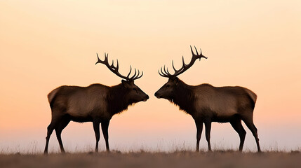 Fototapeta premium Silhouette Of Two Elk Facing Each Other At Sunset