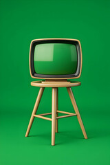 Retro television with green screen on wooden stool against green background