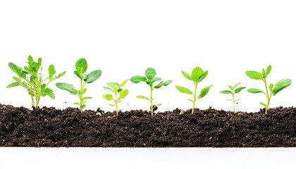 A row of seedlings planted in soil, varying in size to show different growth stages, pure white background, dark brown soil, minimalist composition, emphasizing plant vitality and growth process