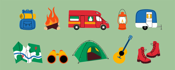 Camping adventure set. Flat illustration of travel and outdoor gear: backpack, campfire, camper van, trailer, tent, lantern, boots, guitar, binoculars, map. Perfect for hiking, road trips