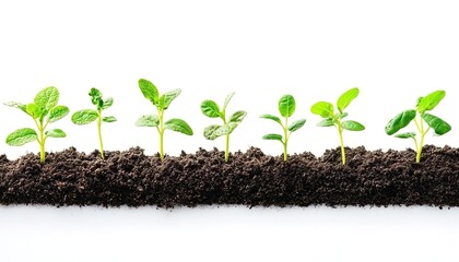 A row of seedlings planted in soil, varying in size to show different growth stages, pure white background, dark brown soil, minimalist composition, emphasizing plant vitality and growth process