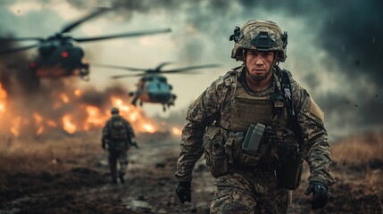 A soldier carrying out a rescue mission, with rescue equipment, helicopters, and an emergency response scene in the background