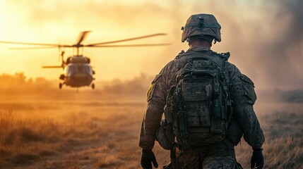 A soldier carrying out a rescue mission, with rescue equipment, helicopters, and an emergency response scene in the background