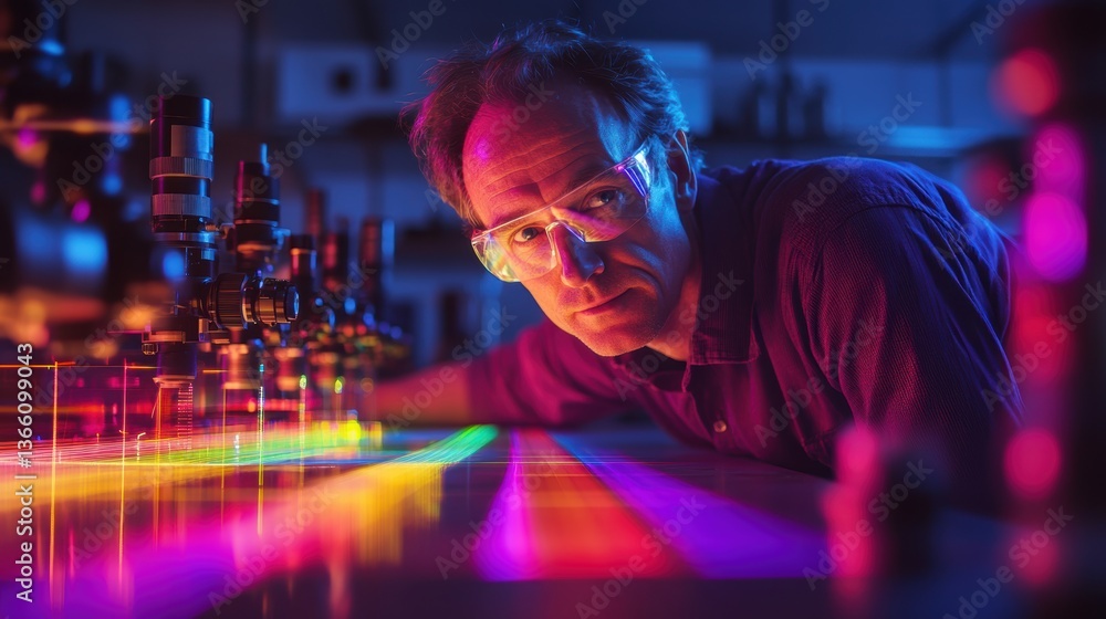 Aufkleber a physicist experimenting with light beams in a dark lab, using lasers and prisms to split light int