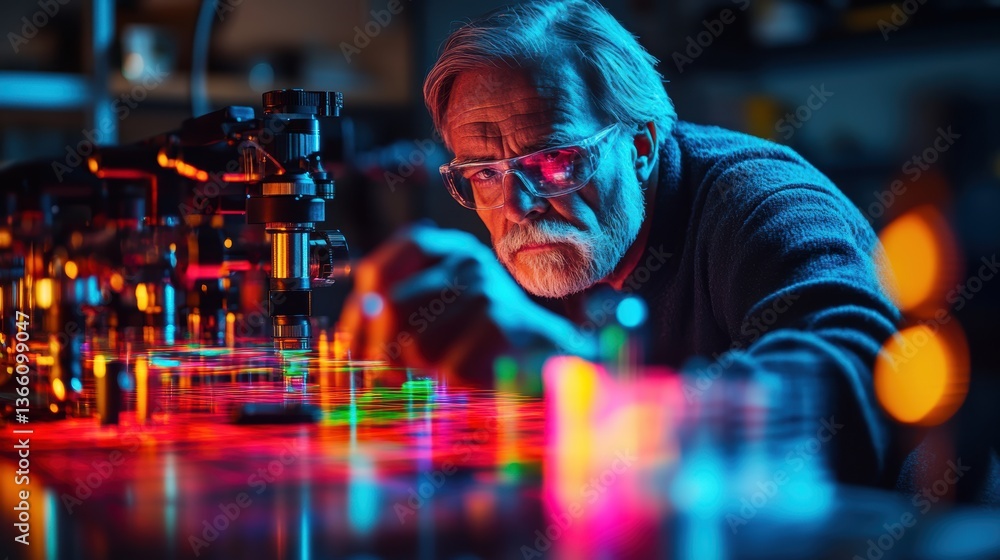 Aufkleber a physicist experimenting with light beams in a dark lab, using lasers and prisms to split light int