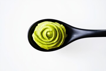 A spoonful of vibrant green wasabi paste, swirled elegantly in a black spoon against a white backdrop.