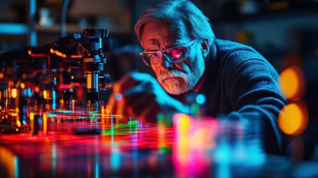 A physicist experimenting with light beams in a dark lab, using lasers and prisms to split light into a spectrum