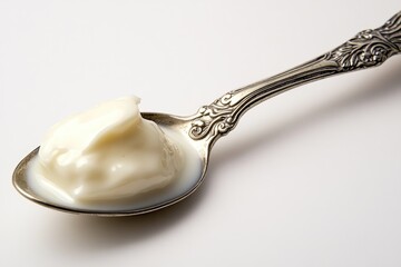 A spoonful of creamy, white yogurt sits on an ornate silver spoon against a white background.