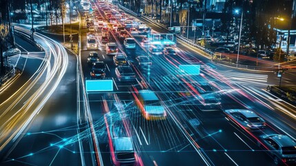 An AI powered intelligent traffic monitoring system analyzing road conditions and adjusting traffic flow to prevent accidents, Urban technology style, photo of