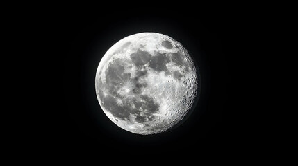 Fototapeta premium Detailed lunar surface illuminated in night sky with craters shadows and textured silver orb against a black background