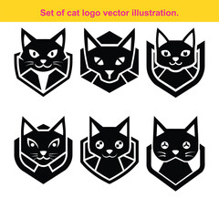 Set of Minimalist Cat Logo Designs with Shield Shapes in Black Silhouette