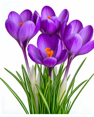 Fototapeta premium Purple crocus flowers blooming with bright orange stamen and white buds