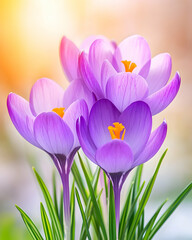 Fototapeta premium Purple crocuses bloom with vibrant orange pistils, amidst blurred bokeh