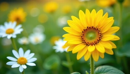 Fototapeta premium One vibrant yellow sunflower among white daisies, flower, apart